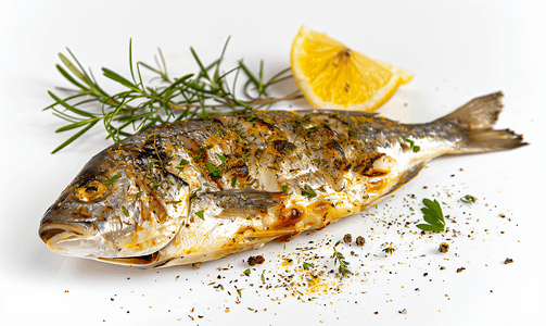 白色背景中的烤多拉多鱼用香料和香草烤制的海鱼