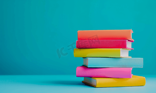 蓝色背景上五颜六色的书籍堆栈带有复印空间回到学校概念