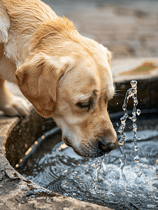 拉布拉多犬从喷泉里喝水