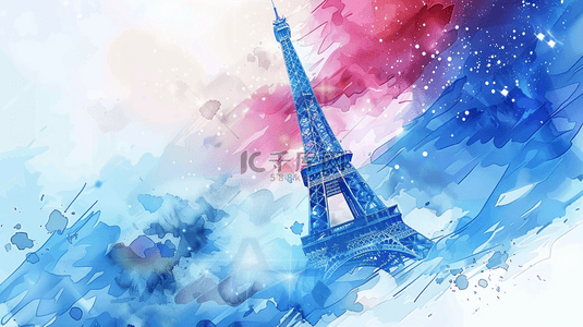巴黎奥运会蓝粉水彩地标埃菲尔铁塔背景素材