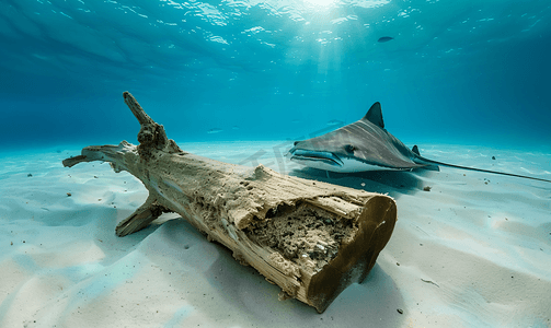 黄貂鱼在沙质海底的一块旧木头旁边游泳