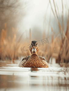 美丽的棕色野鸭在长满沼泽草的湖中游泳