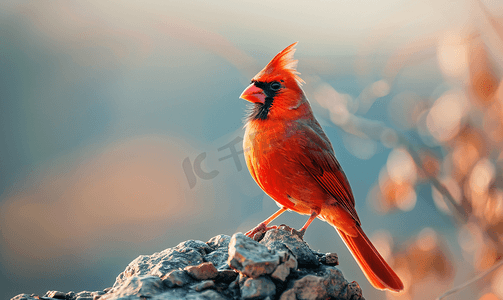美丽的红衣主教鸟站在岩石上