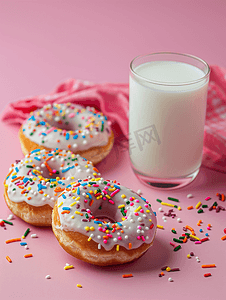 糖霜甜甜圈摄影照片_粉红色背景上装饰着糖霜、洒水和一杯牛奶的甜甜圈