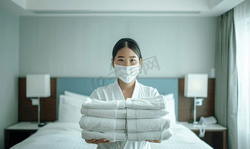 酒店客房内的客房服务女仆拿着干净的折叠白毛巾