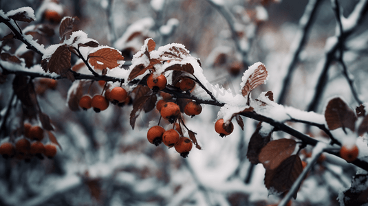 冬天树枝积雪