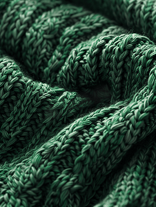 毛衣编织摄影照片_用绿色纱线编织的粗针织毛衣全框架舒适温暖的衣服
