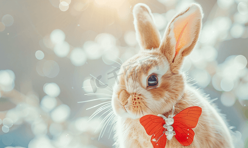 可爱的毛绒兔子长着耳朵脖子上绑着一只红色的蝴蝶