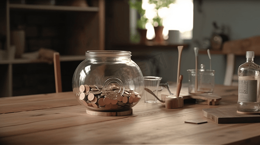 装在玻璃中的硬币用木制桌上的新房子签字