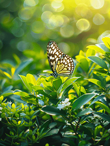 郁郁葱葱的绿色花园中的宣纸蝴蝶