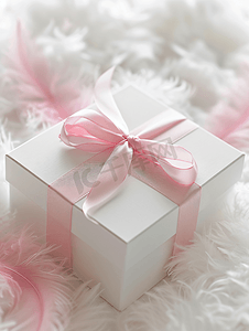 白色礼盒白色丝绸质感背景上带粉色丝带彩色鸟羽节日概念礼物适合情人节生日母亲节