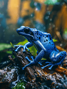 湿木头上的蓝毒箭蛙