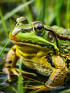 近距离观察沼泽中的大青蛙