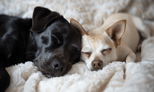 动物汽车摄影照片_两只狗在床上一只黑色拉布拉多和一只吉娃娃正在睡觉宠物动物