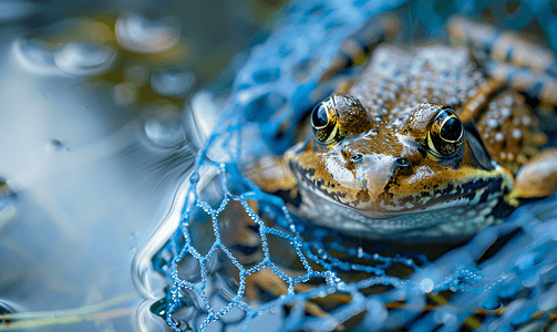 蓝色网中青蛙鱼子酱的特写清洁池塘