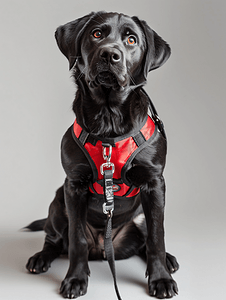 黑色拉布拉多猎犬动物宠物一只戴着红色背带和黑色皮带的狗