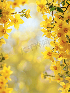 黄色开花的连翘灌木和水仙花卉背景