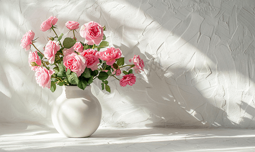 白色背景下花瓶中粉红玫瑰的特写以及墙壁上的阴影版权空间供网站使用