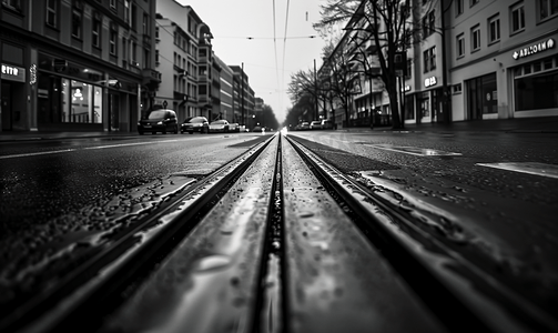 黑白两色描绘的柏林街道上的沥青路面