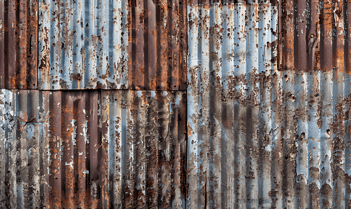 不锈钢狗笼摄影照片_背景为厚锈纹理的废弃旧波纹金属板