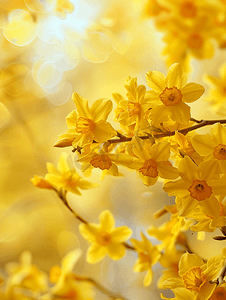 黄色开花的连翘灌木和水仙花卉背景