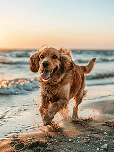 快乐的可卡犬在日落时在沙滩上玩耍