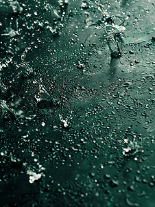 雨效果摄影照片_白水雨深绿色背景的抽象溅射与纹理