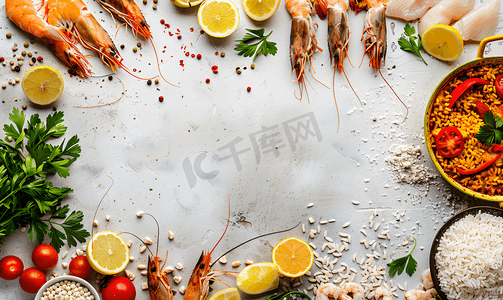 炸锅食品摄影照片_白色纹理背景平地上的新鲜未煮熟的海鲜特色菜和西班牙海鲜饭米饭上面铺着复制空间食品照片