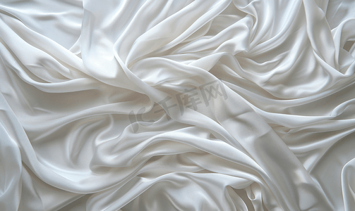 白色丝布纺织背景窗帘和精致织物上的褶皱的质地硬光和顶视图