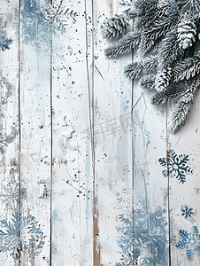 雪蓝摄影照片_白色浅色复古木质冬日质感配有雪花和蓝松树适合纸张和剪贴簿设计