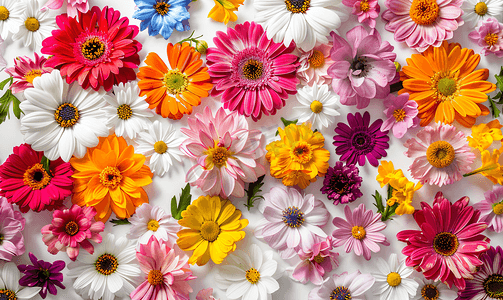 白色背景上五颜六色的花朵鲜艳的花卉横幅作为背景或纹理春夏壁纸为您的设计提供顶视图平铺