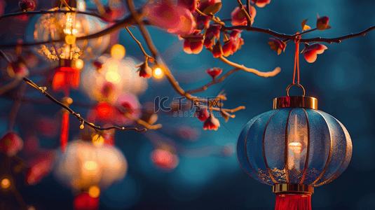 深色中式国画场景树枝灯笼闪亮的背景