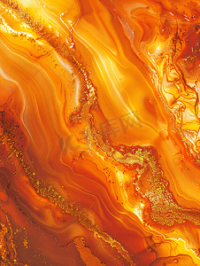 红色设计摄影照片_橙色大理石纹理酒精墨水水红色热抽象火设计与条纹图案发光液体与金色斑点闪耀天然矿物石表面艺术背景木星行星