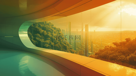 圆弧玻璃窗背景图片_圆弧形建筑大堂外的夕阳下未来城市唯美背景