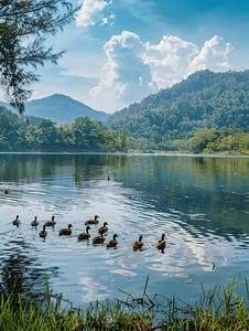 泰国北部的湖泊和水中的鸭子