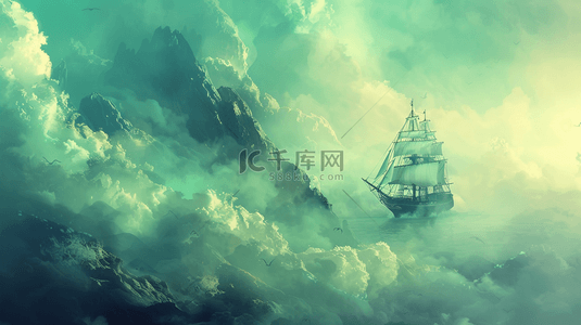 朦胧云雾梦幻河面上风景帆船的插画背景