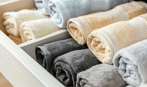 衣服抽屉里整齐折叠的毛巾在家中组织和秩序顶视图