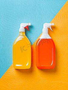 洗涤剂瓶摄影照片_彩色针织纹理背景顶视图上的两瓶空白液体洗衣粉