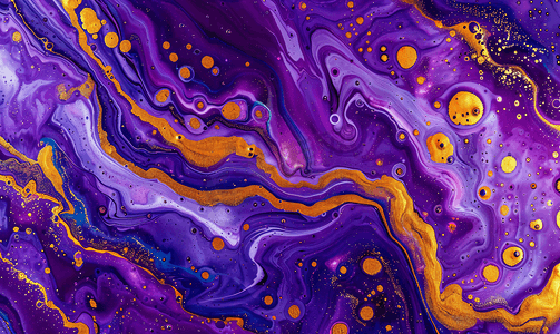 丙烯酸流体艺术发光紫色波浪和黄色斑点抽象大理石背景或纹理