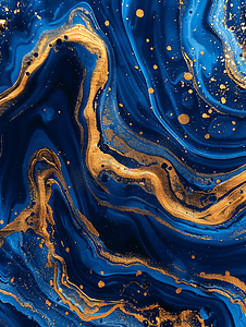 丙烯酸流体艺术液体黄金溢出在抽象海洋大理石效果背景或纹理的深蓝色波浪上