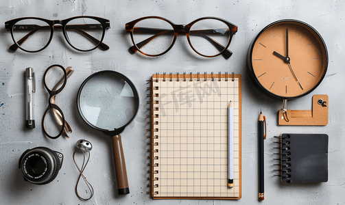 笔记本上方的放大镜周围有键盘眼镜耳机铅笔和带纹理的背景上的日记