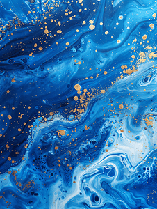 丙烯酸流体艺术蓝色波浪在蓝色油漆的抽象海洋和金色漩涡大理石效果背景或纹理