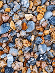 扁平鹅卵石纹理天然石材背景顶视图各种颜色和尺寸的扁平石头用于花园或海滩装饰