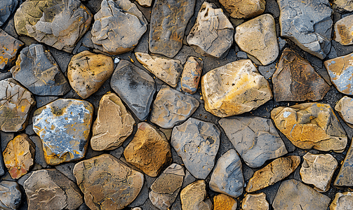 石材图案摄影照片_不同尺寸和颜色的鹅卵石和石头的顶视图户外纹理石材背景
