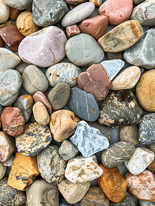 扁平鹅卵石纹理天然石材背景顶视图各种颜色和尺寸的扁平石头用于花园或海滩装饰