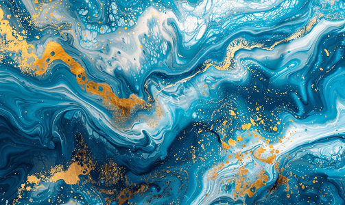 噪音纹理摄影照片_丙烯酸流体艺术蓝色波浪在抽象海洋和金色泡沫波浪大理石效果背景或纹理
