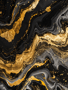 丙烯酸流体艺术创意大理石背景或带有金色和黑色波浪的纹理