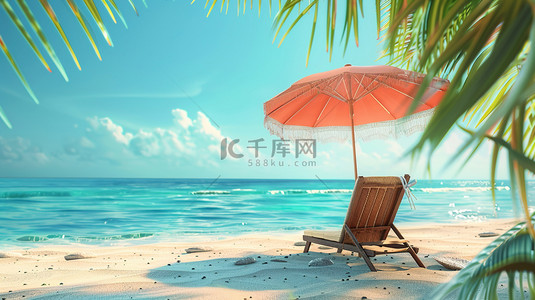 蓝天白云风景海面沙滩帽子躺椅的背景