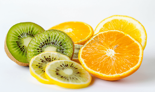 背景纹理水果混合白色背景上的柠檬橙猕猴桃特写