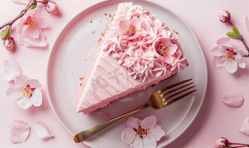 喜庆的粉色生日蛋糕薄片上面有糖霜花和叉子平躺